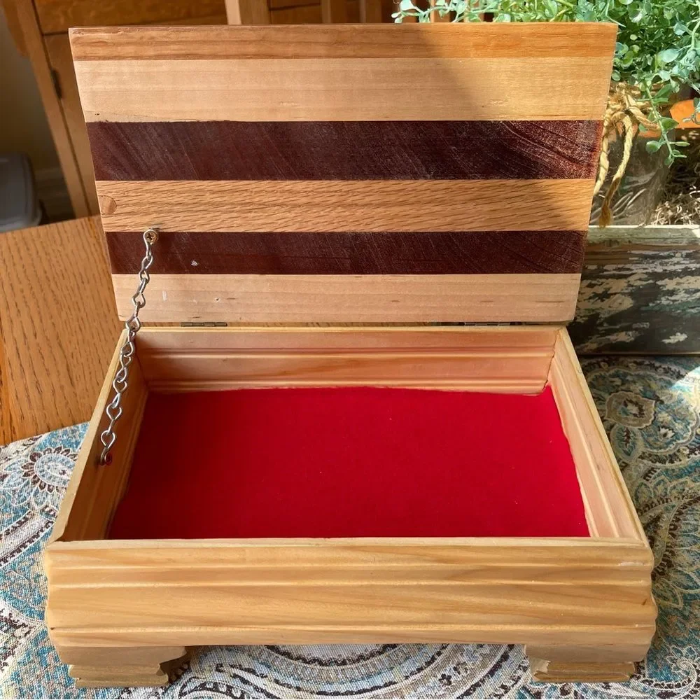 Artisan Signed Striped Hardwood Jewelry Keepsake Box Red Lined Footed